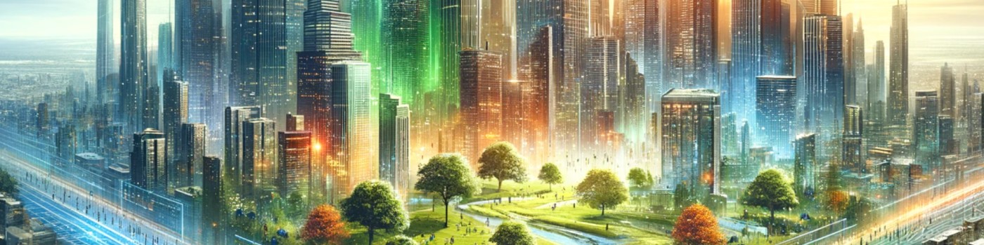 Futuristic city skyline with a green park and path representing innovation and growth